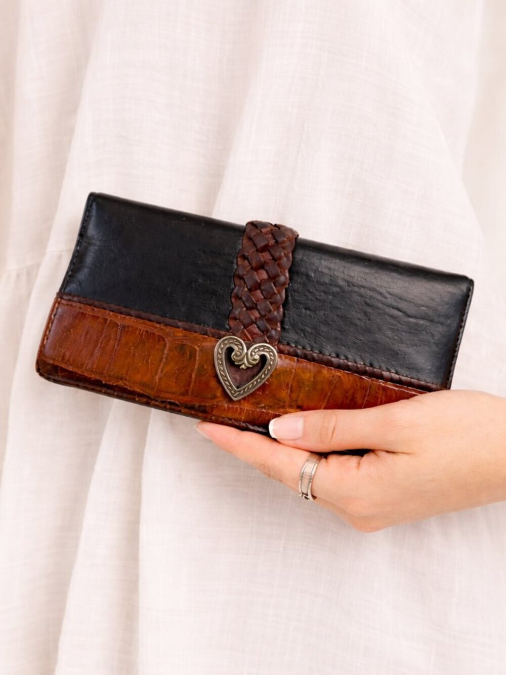 Vintage Brighton Leather Wallet Heart Concho Black Brown Organizer